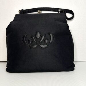 Vintage Black Hinged Clutch Purse with Button Snap Closure Embroidered Lotus